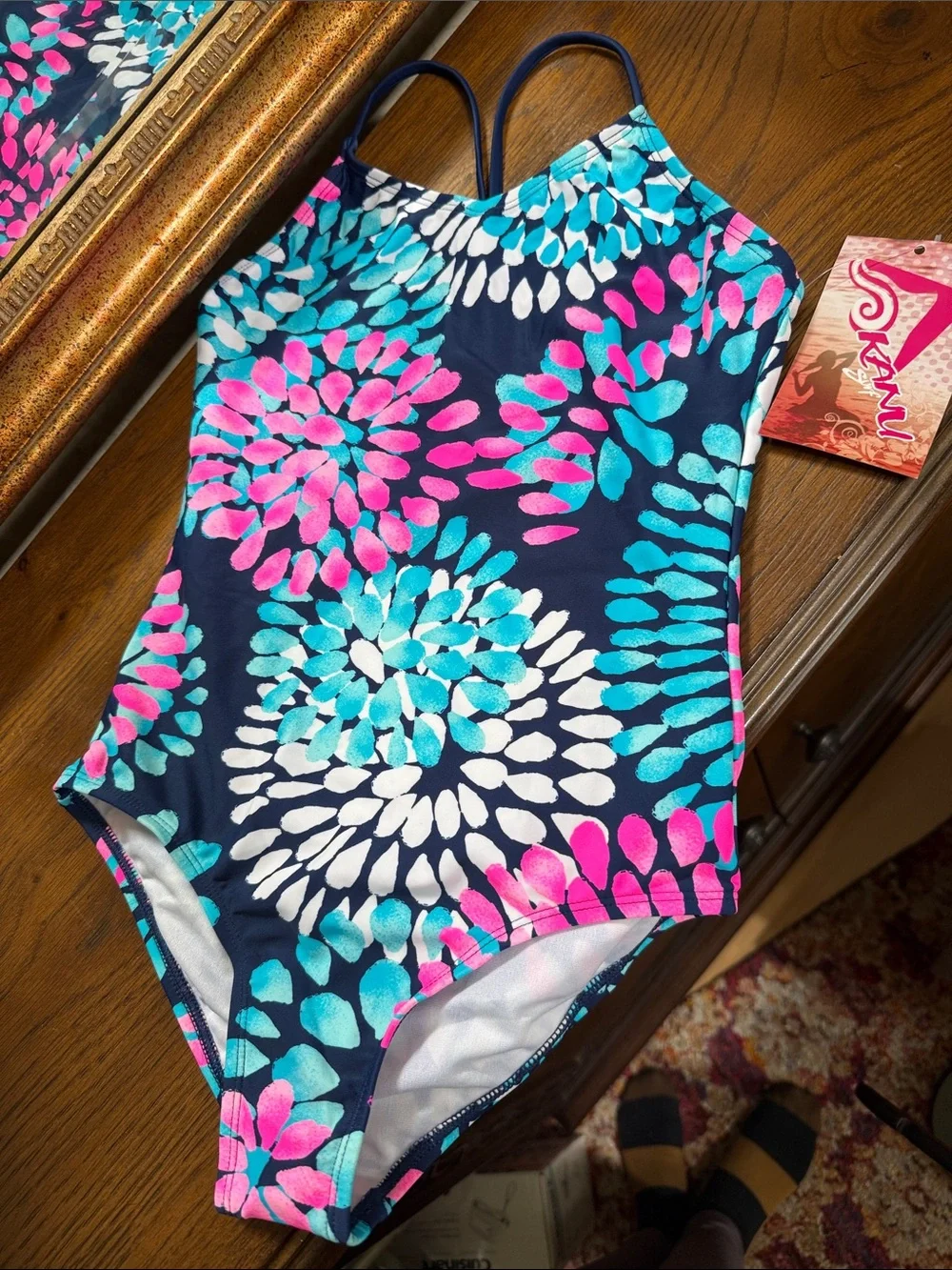 Kanu Surf Navy One-Piece Swimsuit with Pink & Turquoise Floral Print. Size 12.